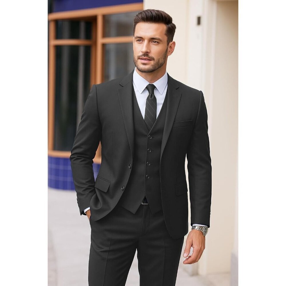 Men's  Dark Grey 3 Pieces Suits Classic Fit 2 Buttons Dress Wedding Business - Picture 2 of 7